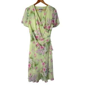 Vintage 90s Sheri Martin Floral Midi Sheath Dress Ruched V-Neck Green Pink, Sz S